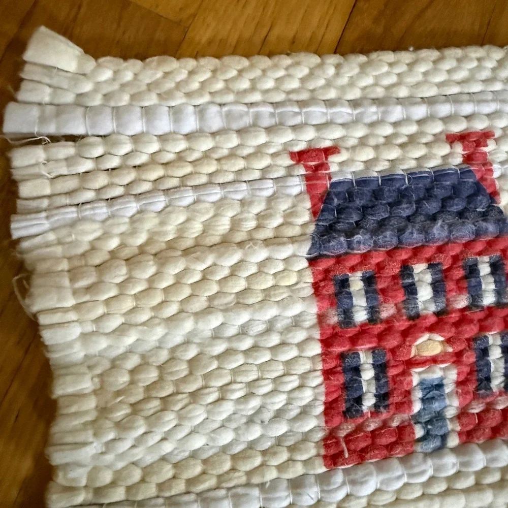 Vintage Welcome Friends Woven Rag Rug Americana Folk Art Sheep House 23x34